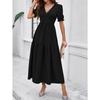 Summer Women's Dress Temperament Solid Color V-neck Short-sleeved Long Dress