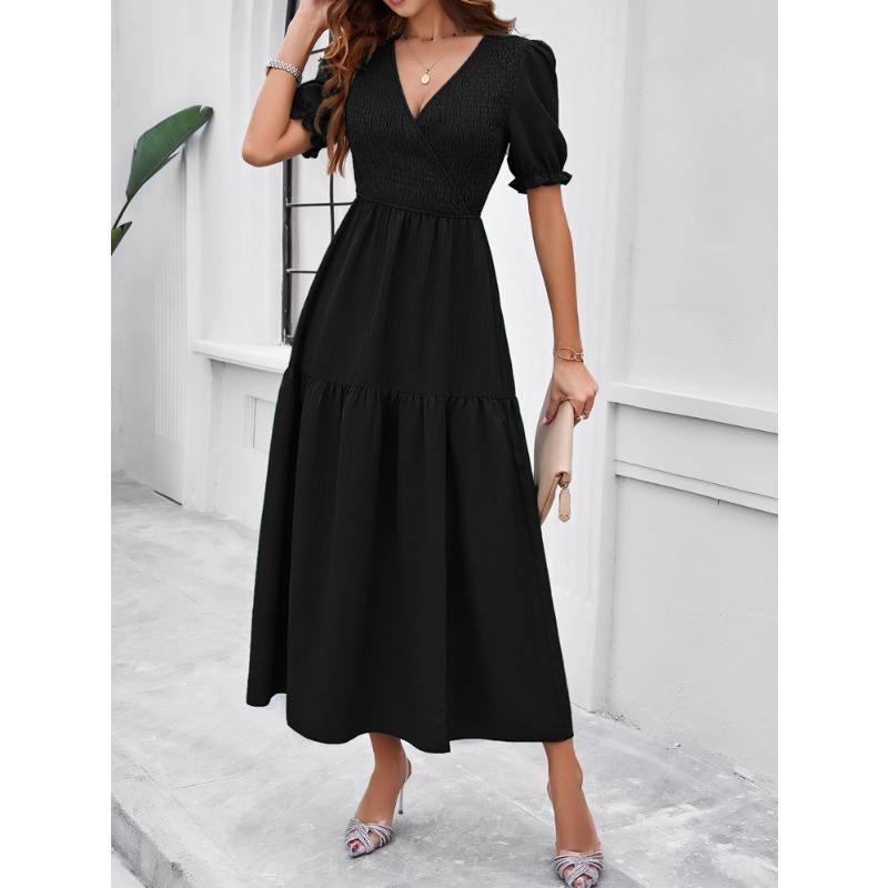 Summer Women's Dress Temperament Solid Color V-neck Short-sleeved Long Dress