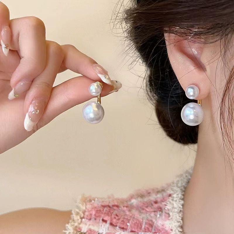 925 Silver Needle Exaggerated Pearl Earrings for Women - Trendy Two-Way Wear with Small Bean Studs