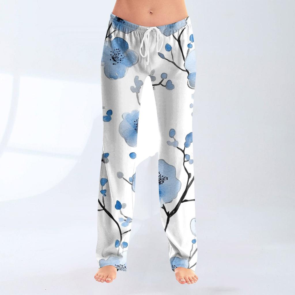 Pantaloni casual largi pentru femei, cu imprimeu cu fundă