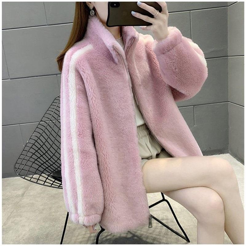 Gestreifter Fleece-Mantel Damen Stehkragen Reißverschluss Warm Plüsch Außenbekleidung