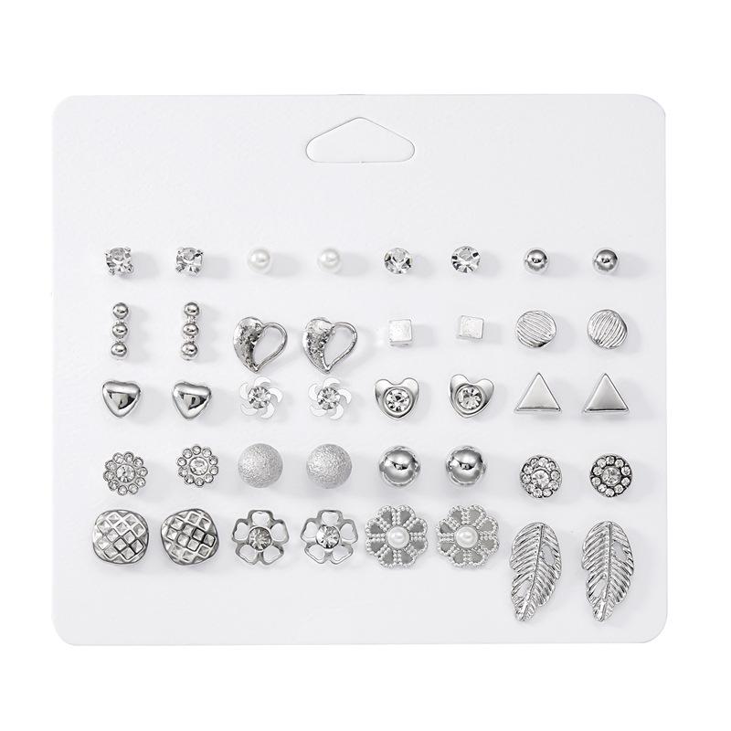 European & American Gold Fashion 12-Pair Rhinestone Stud Earring Set: Hearts, Feathers, Figure 8, Stars