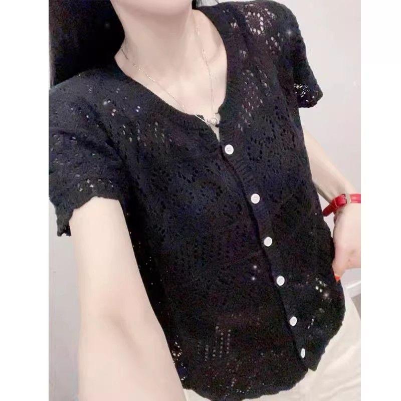 Short-sleeved Ice Silk Knitted Cardigan T-shirt Women's Summer New Thin Design Thin Hollow Blouse Top