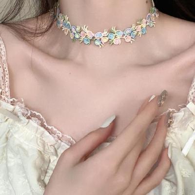 Elegant Floral Embroidery Adjustable Collar NecklaceTrendy Collarbone Chain Vintage Style Layering Jewelry