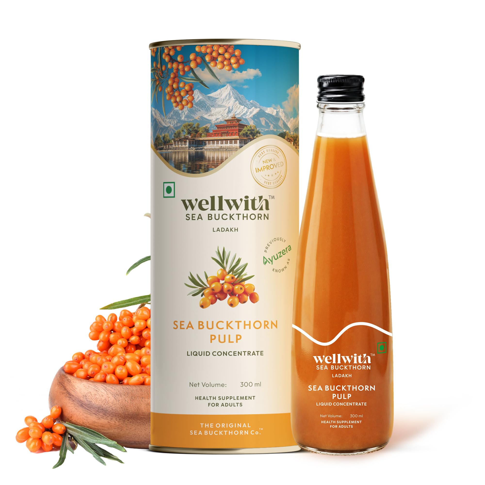 

Ayuzera (Wellwith) Himalayan Sea Buckthorn Pulp Concentrate 300ml | Cold-Pressed | Makes 50 Glasses | Natural Vitamin C, Omega 3 6 7 9, Antioxida