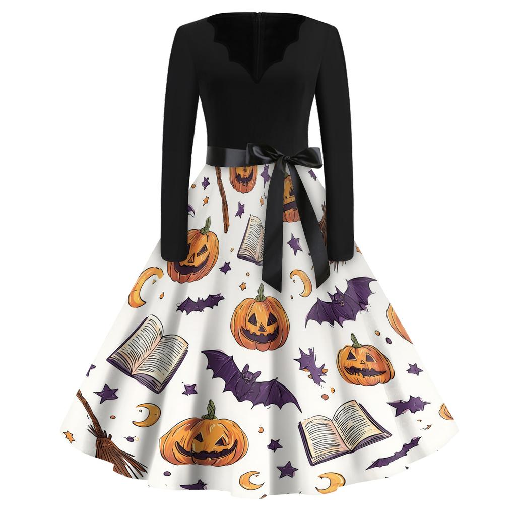 Women's Vintage V Neck Dress Halloween Print Long Sleeve Casual Retro Style Dress with Flared Skirt and Waist Tie for Seasonal Wear