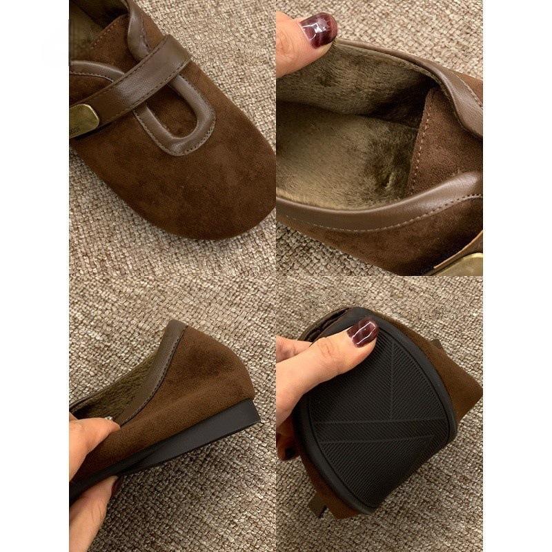 Retro loafers warm velvet single shoes flat beanie shoes Mary Jane women's shoes