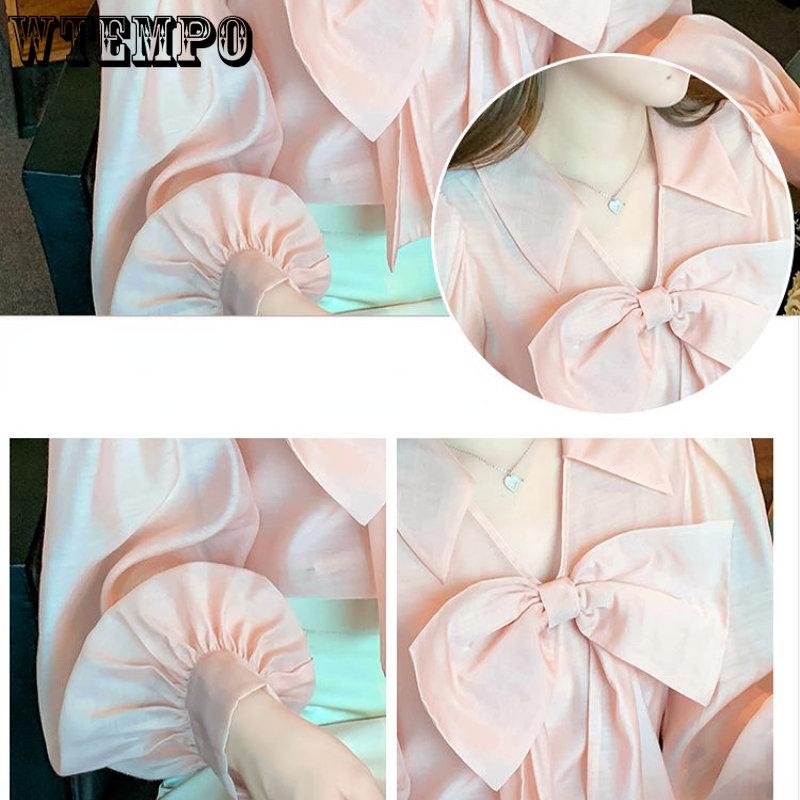 Early Spring Women's Shirt Chiffon V-neck Bowknot Shirt Small Crowd Style Pink Chiffon Shirt with Design