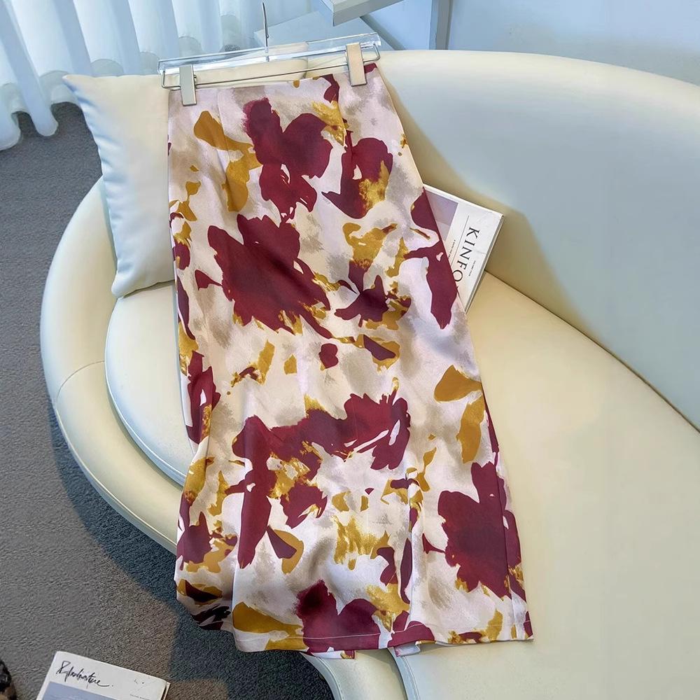 2025 Women's High-Waisted Satin Floral Midi Skirt - Summer A-Line Pencil Design