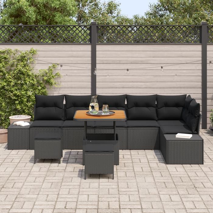 Ensemble de canapé de jardin 9 pièces avec coussins Noirs en Rotin Poly Acacia, Canapé de jardin 2 places avec coussins 3362799