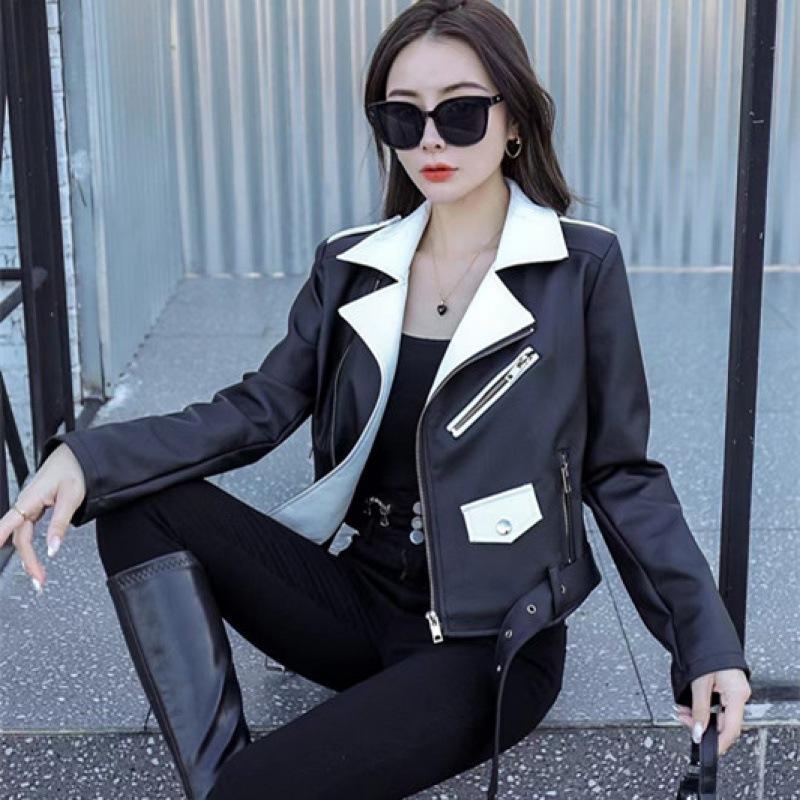 Spring design niche zipper black PU leather long-sleeved jacket motorcycle short small coat top for women