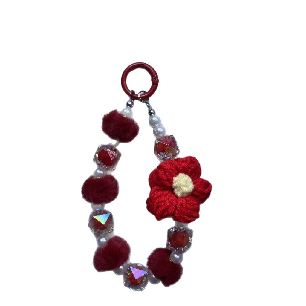 Wool Flower Beaded Phone Chain & Keychain: Cute Plush Bracelet & Bag Pendant Accessory