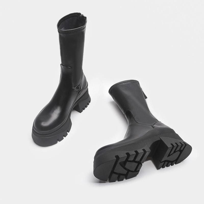 Chelsea Boots Women Ankle Boots Chunky Sole Slip On Long Boots Genuine Leather Black Short Boots Feminina Platform Shoes