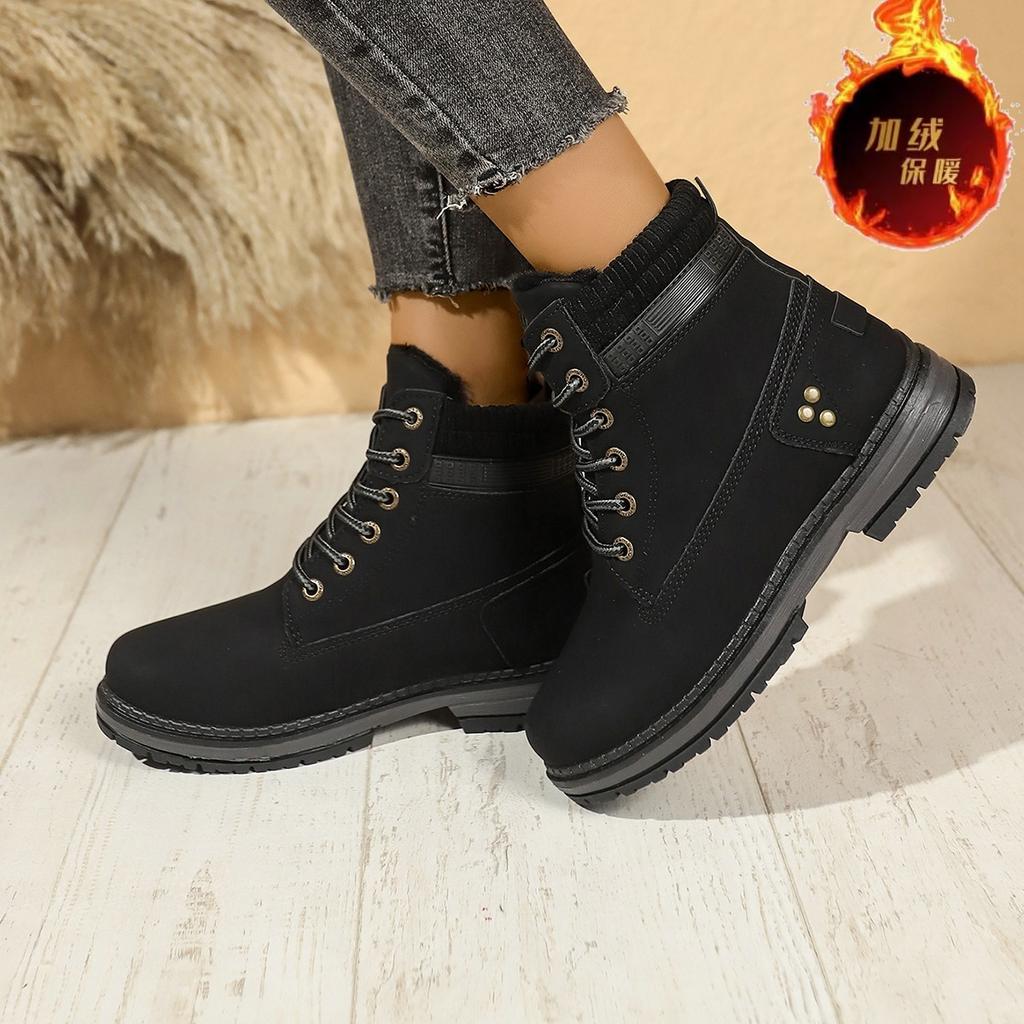 New Velvet Women's Martin Boots British Casual Large Size Flat-bottomed Warm Short Boots Non-slip Women's Shoes