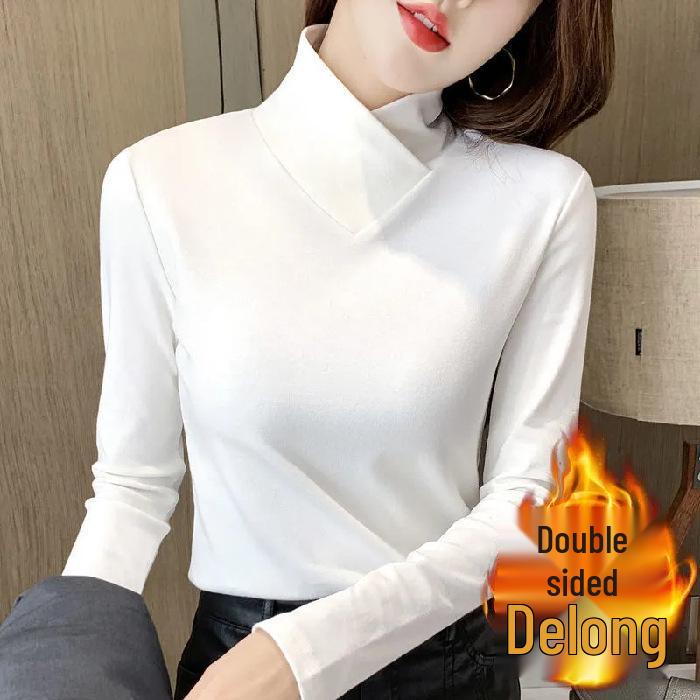 

Женская двухсторонняя бархатная футболка с длинным рукавом и полувысоким воротником, облегающего кроя - однотонная, для ношения осенью/зимой 3XL белый