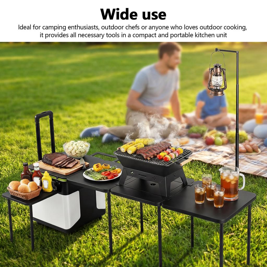 Rolling Master Cook Station with Wheels Folding Overland Camping Kitchen Table with Light Poles for Tailgating BBQ Picnic RV
