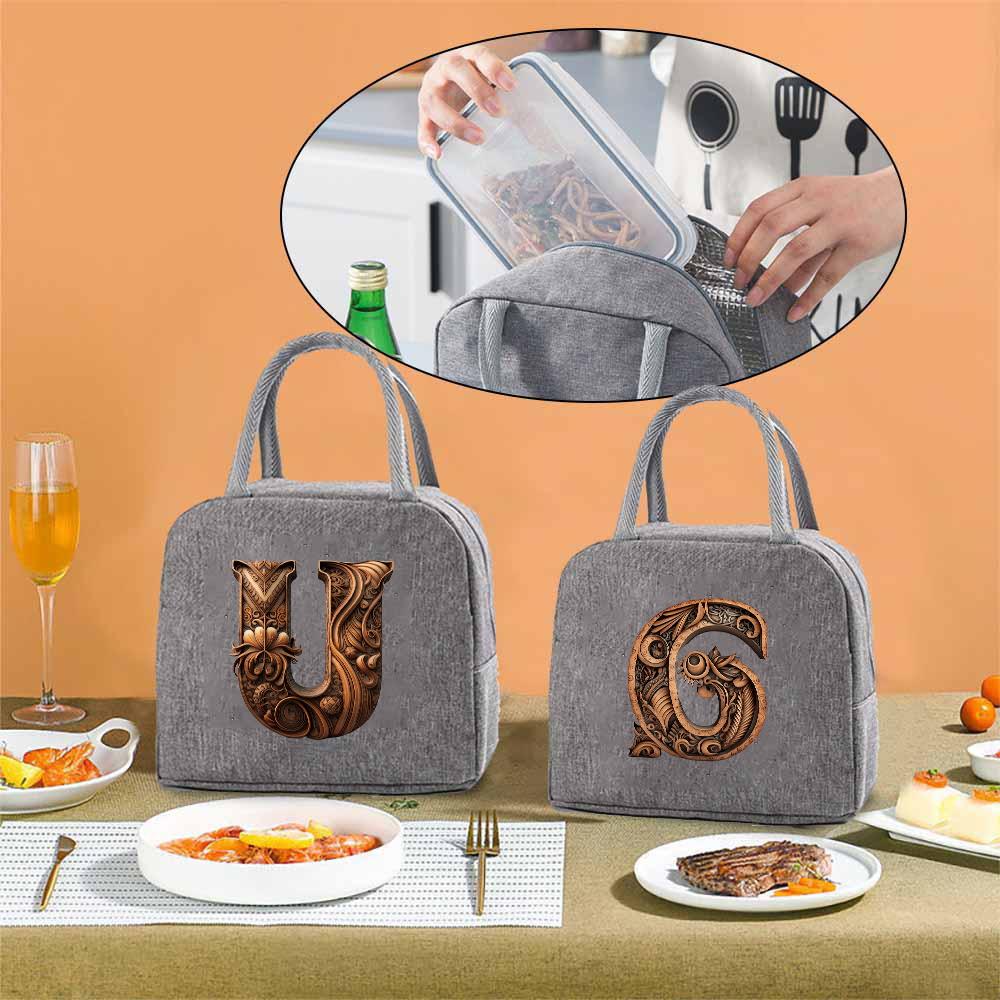 Portable Food Insulation for Traveling Wood Art Letter Printing Box Picnic Waterproof Oxford Zipper Insulation Lunch Bag
