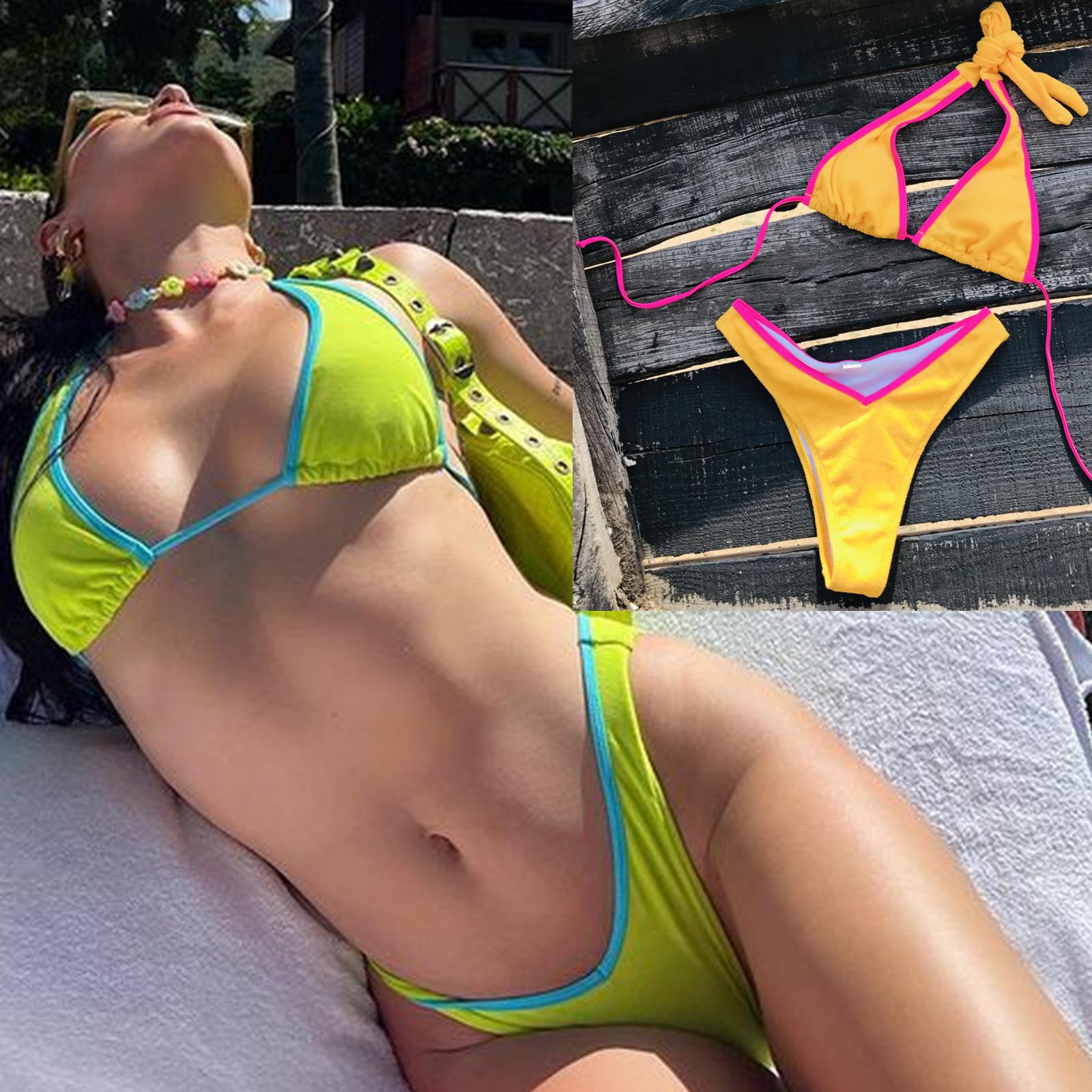 

Купальник-бикини с высоким вырезом на бретельках, треугольный купальник, женский купальный костюм с окантовкой, бразильский бикини, бандажная пляжная одежда, лето