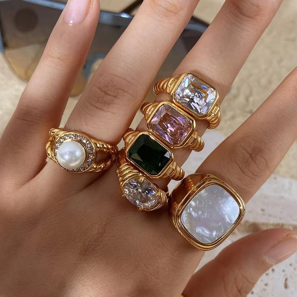 Multicolour Square Zircon Crystal Stainless Steel Finger Ring for Women Gold Plated Chunky Croissant Texture Waterproof Jewelry