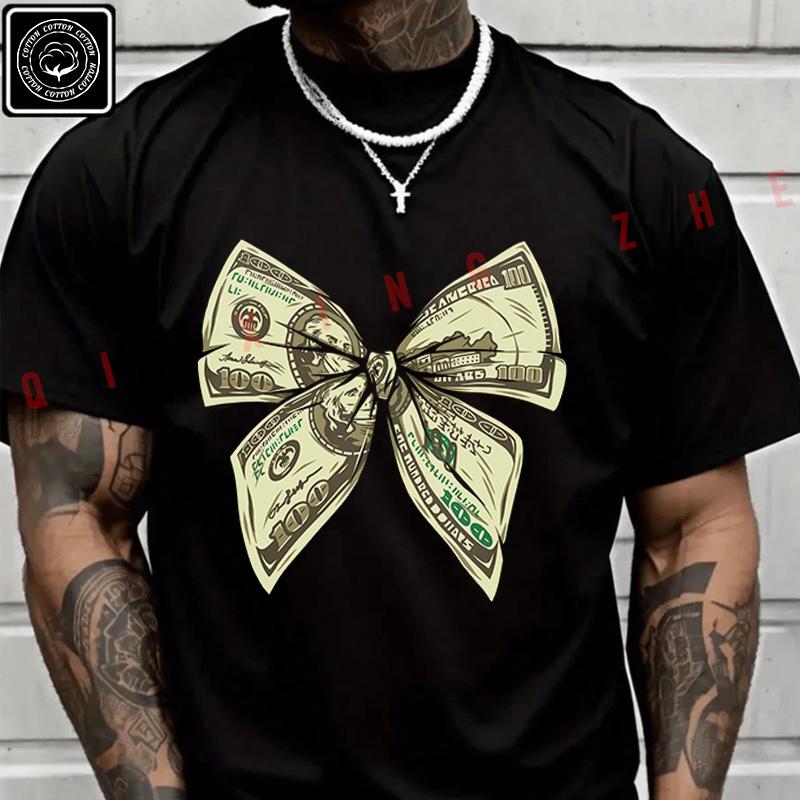 Men T Shirt Money Bow Graphic Print Moto T-Shirt Cotton Men‘s Summer Short Sleeve Tops Tee