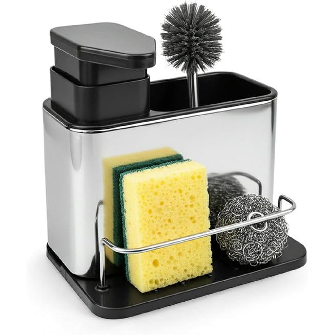 Soap Dispenser for Kitchen Sink, Stainless Steel 3-in-1 Sponge Holder for Kitchen Sink, Dish Soap Dispenser with Sponge Holder Rustproof Dishwashing