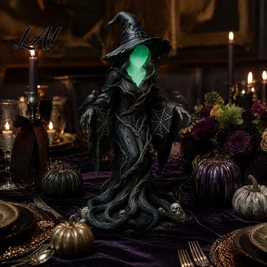 Creative Halloween Craft Gifts Faceless Witch Statue Glow-in-The-Dark Ornament Luminous Resin Handcrafted Figurine for Table Centerpiece Indoor