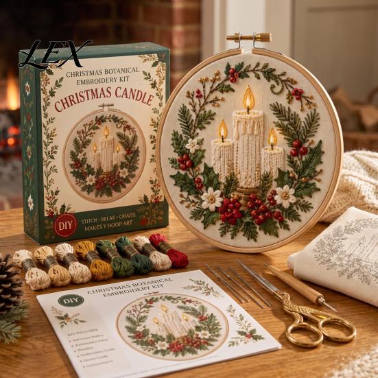 Holiday Theme Embroidery Projects Christmas Kit for Beginners, Pre-Printed Pattern Full Set Art And Craft Kits Adults of Tools, DIY Needlework Festive