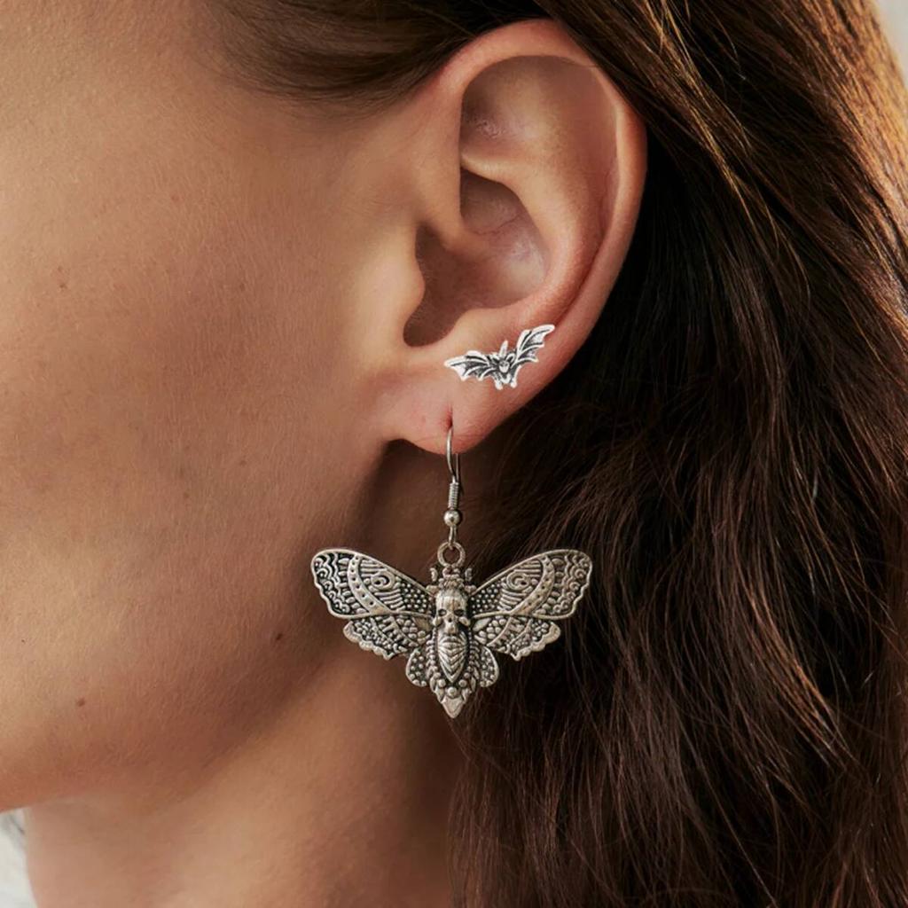 KunJoe 2 Pair Gothic Moth Bat Skull Pendant Earrings for Women Retro Butterfly Drop Earrings Set Halloween Jewelry Accessories