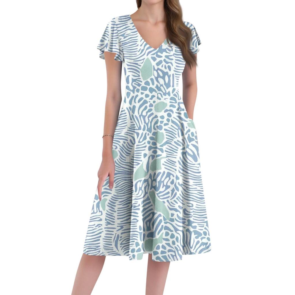 A Casual And Fashionable V-Neck Short-Sleeved Medium-Length Dress With Floral Prints For Women