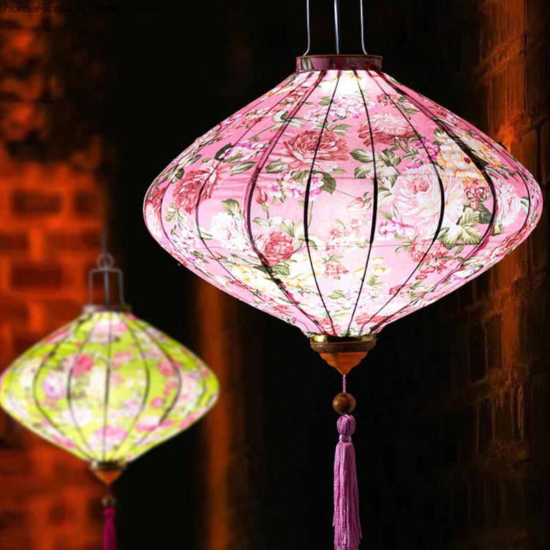 12/14 Inch Oriental Style Palace Lantern Cloth Silk Floral Pattern Lantern Vietnam Mid Autumn Spring Festival Hanging Decor