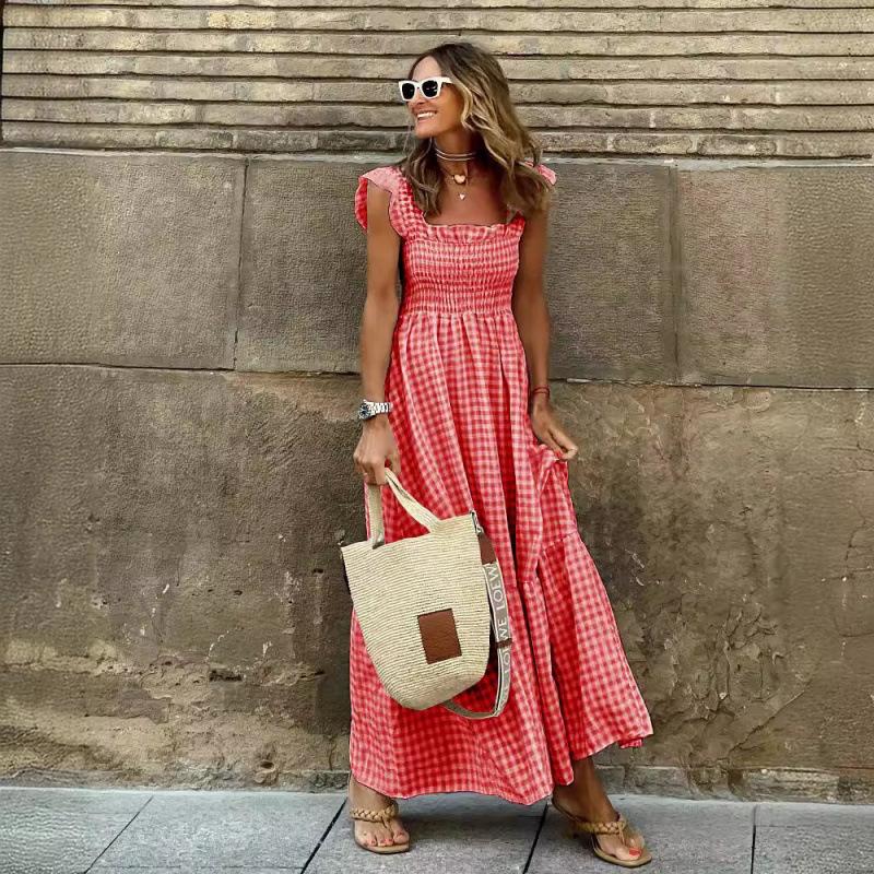 Summer women's clothing collage plaid suspender elastic pendulum dress