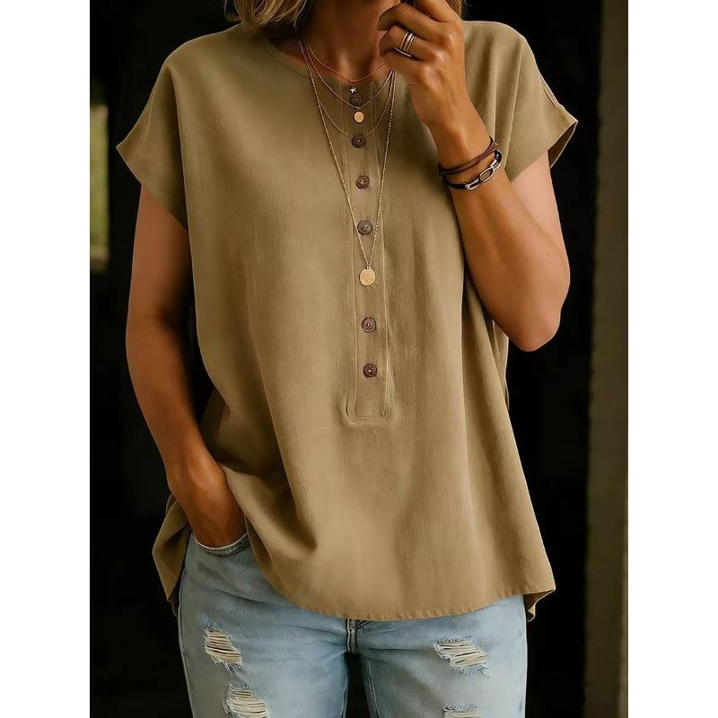 

Summer Round Neck Short Sleeved Buttons T-shirt New Versatile Women s Solid Color Casual Tee Top Elegant Fashion Loose Casual Sweet Blouse XXL хакі