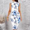Women Plus Size Crew Neck Sleeveless Midi Dress Black Base Large White Daisy Floral Print Bodycon Dress