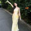 French Fairy Yellow Gradient V-Neck Spaghetti Strap Beach Dress for Women