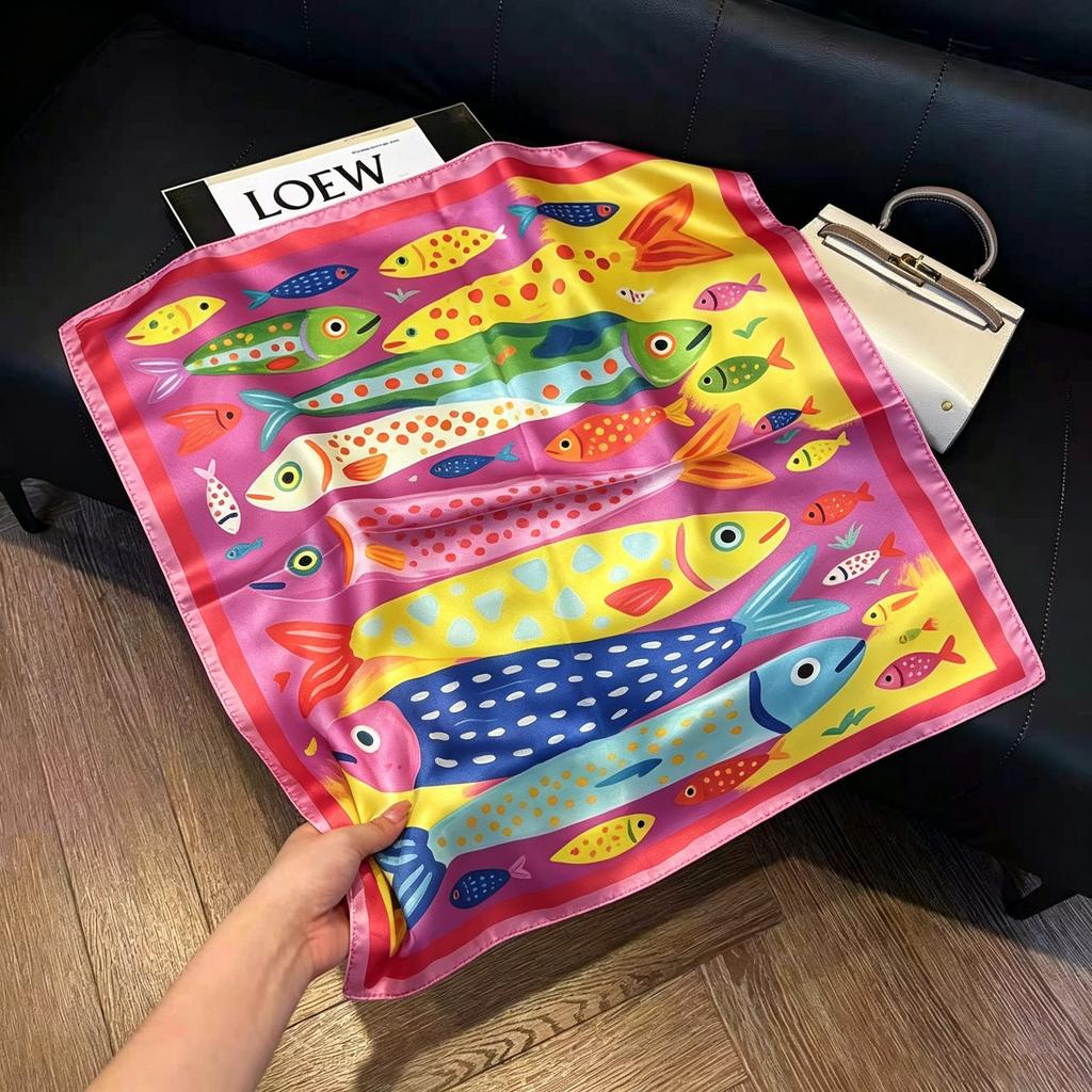 Sen green flower print fresh imitation silk scarf premium versatile square scarf neck protection scarf trendy headscarf scarf women