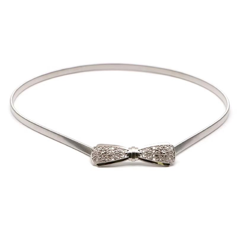 Fashion Metal Hollow Out Carved Bow Women Belts Elastic Skinny Thin Dress Belt Women Ladies Gold Sliver Decor Waist Chain Straps