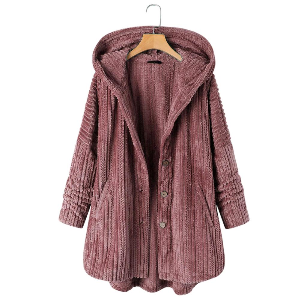 Women's Loose Button Plush Hooded Color Long-sleeved Mid-length Coat
