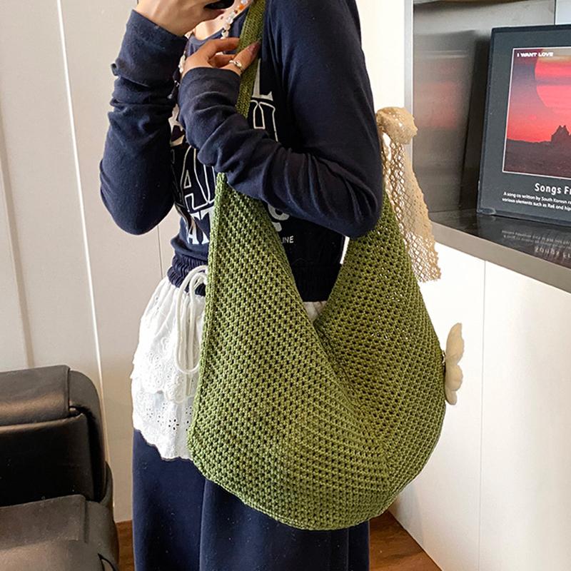 Simple Handmade Knit Shoulder Bag Bohemian Solid Color Crochet Tote Bag Large Capacity Hollow Out Woven Handbag Vacation