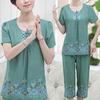 2 Pcs/Set Women T-shirt Pants Set Flower Print Round Neck Short Sleeves Elastic Waist Wide Leg Sleeping Loose Button Decor Plus Size Mom Nighty