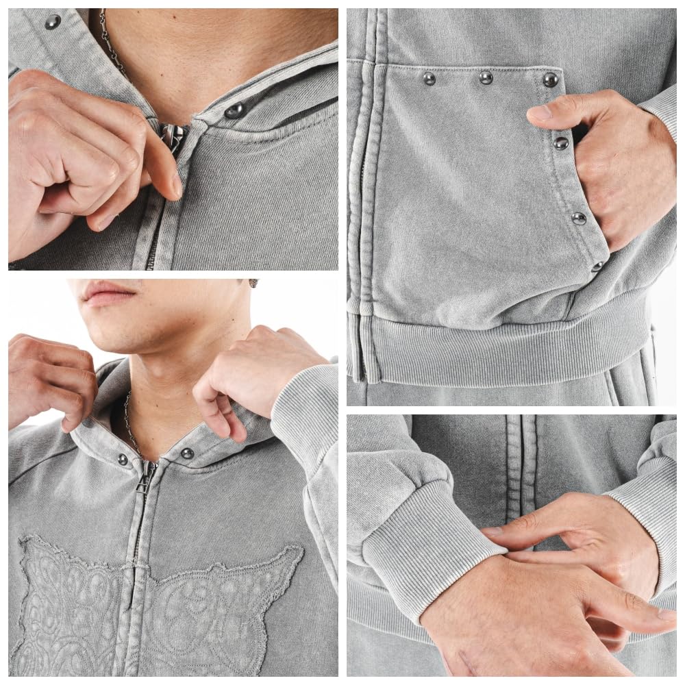 WEGO Powder Bleached Studded Zip Korean Size Gray Men's Hoodie, Sweatshirt, Hooded, Autumn/Winter Clothing, Streetwear, Style, L,