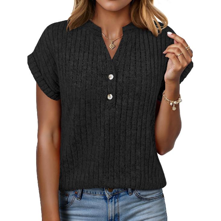 2026 Spring/Summer Casual Women s Brushed Ribbed V-Neck Batwing Short Sleeve T-Shirt Top S чёрный