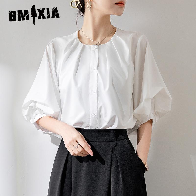 

GMXIA Women s Simple Shirt Summer Blouse Commuter Style Medium Sleeve S белый