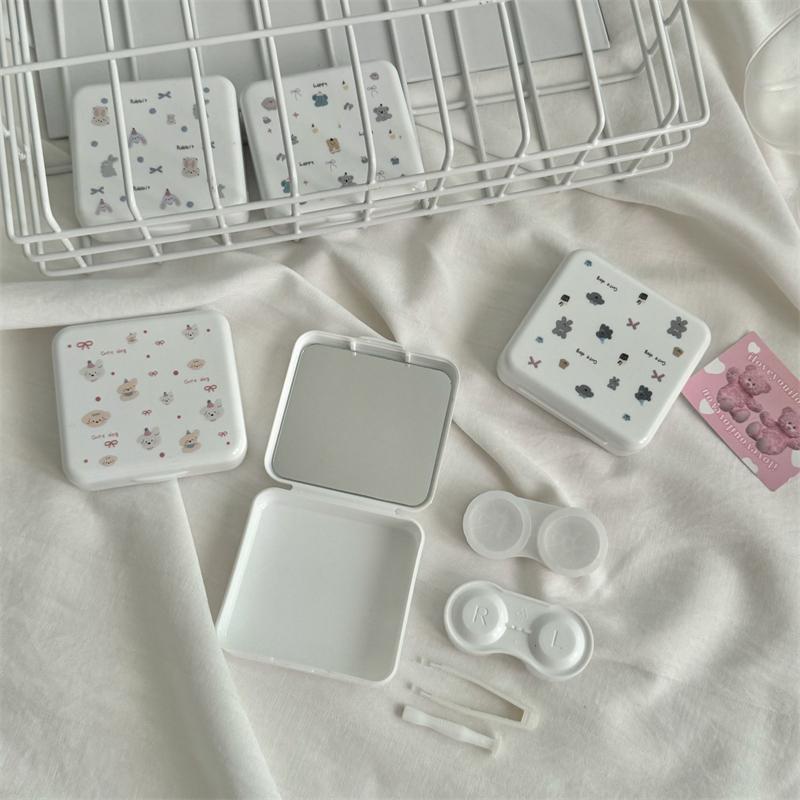 Cute Portable Cartoon Dog Rabbit Eye Contacts With Mirror Contact Lens Case Colored Lenses Container Box For Party Travel Set