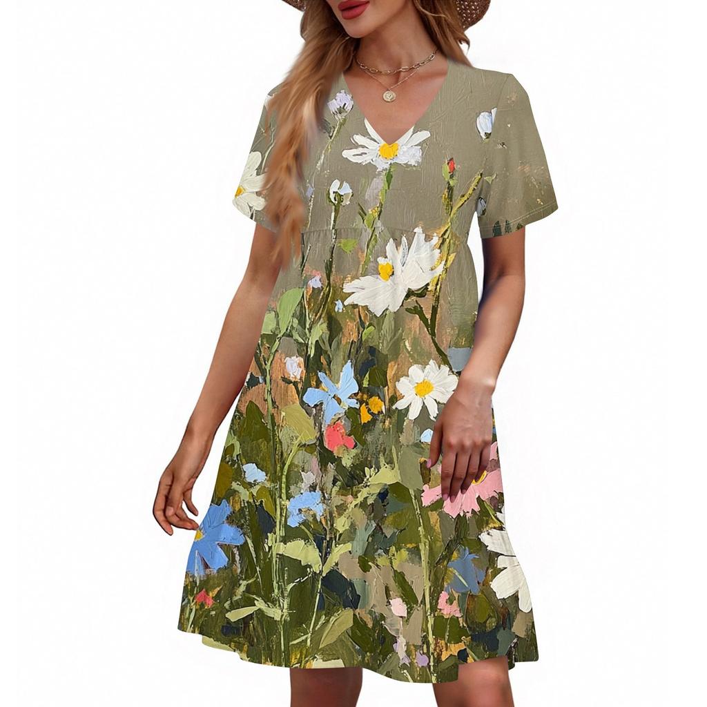 Women's Casual Fashion V-Neck Short Sleeve Floral Print Dress