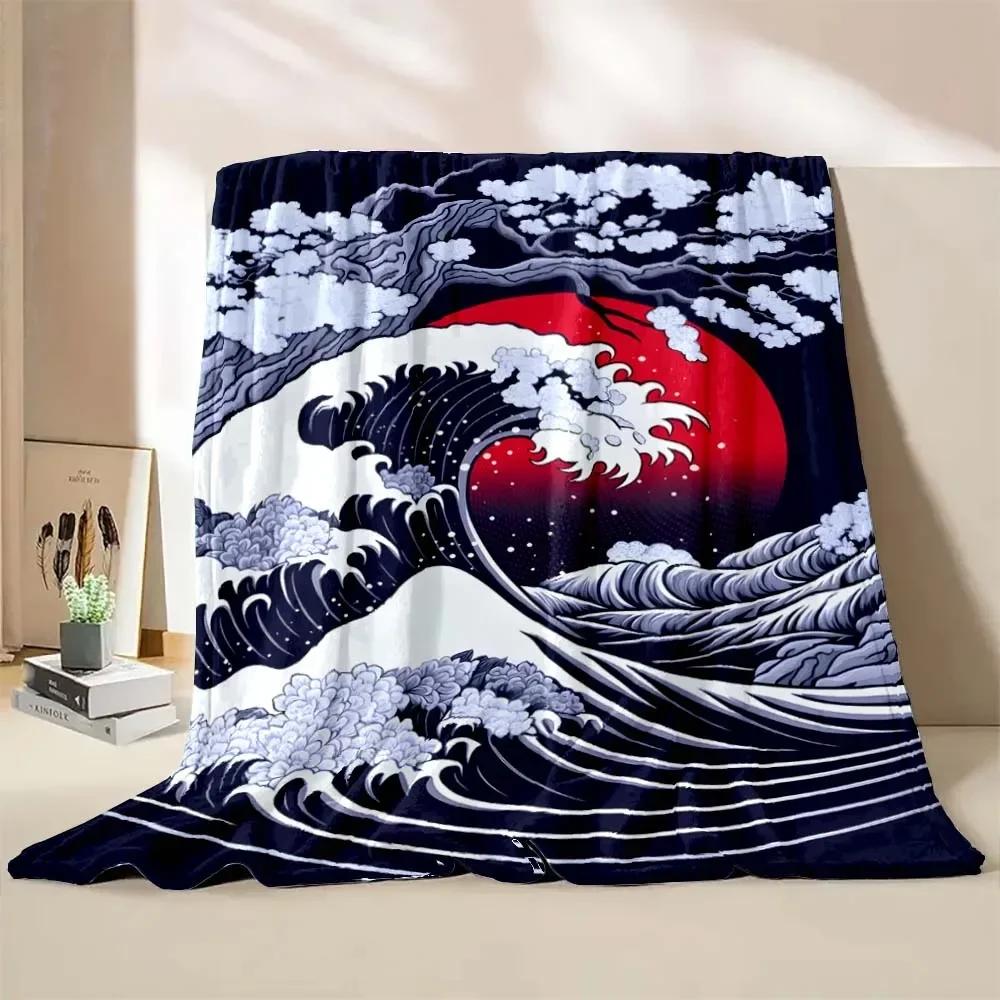 New! Japan Art Beautiful Wave Printed Blanket Fine Workmanship,Home Office Nap Trip Car Blanket for Four Seasons Quickly Arrival