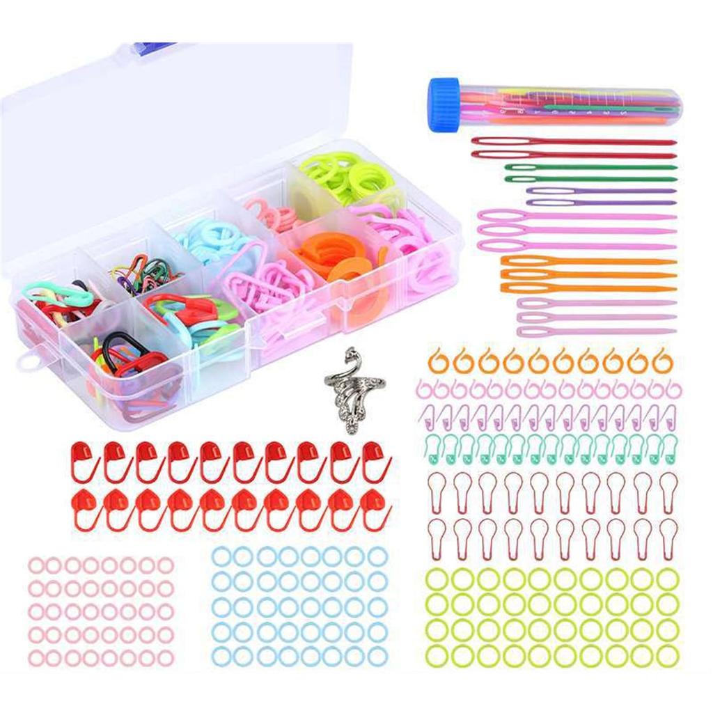 Multi-Color Knitting Markers and Crochet Accessories Including Stitching Marker Rings Big Eye Needle and Safety Pins