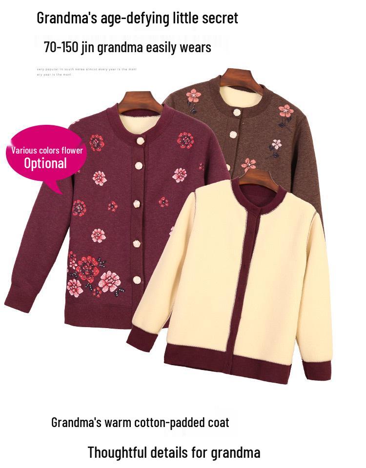 Grandma's Cozy Knit Cardigan: Velvet-Lined Winter Sweater for Middle-Aged and Elderly Women