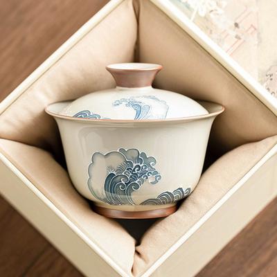 Hand Painted Ceramic Gongfu Tea Gaiwan Stack Carving Wave Design Covered Bowl for Chinese Tea Ceremony