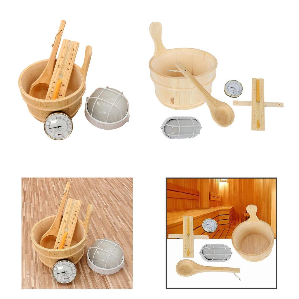 Pacchetto Accessori Sauna Deluxe: Secchio di Legno, Termometro e Collezione di Vasi Floreali per la Casa