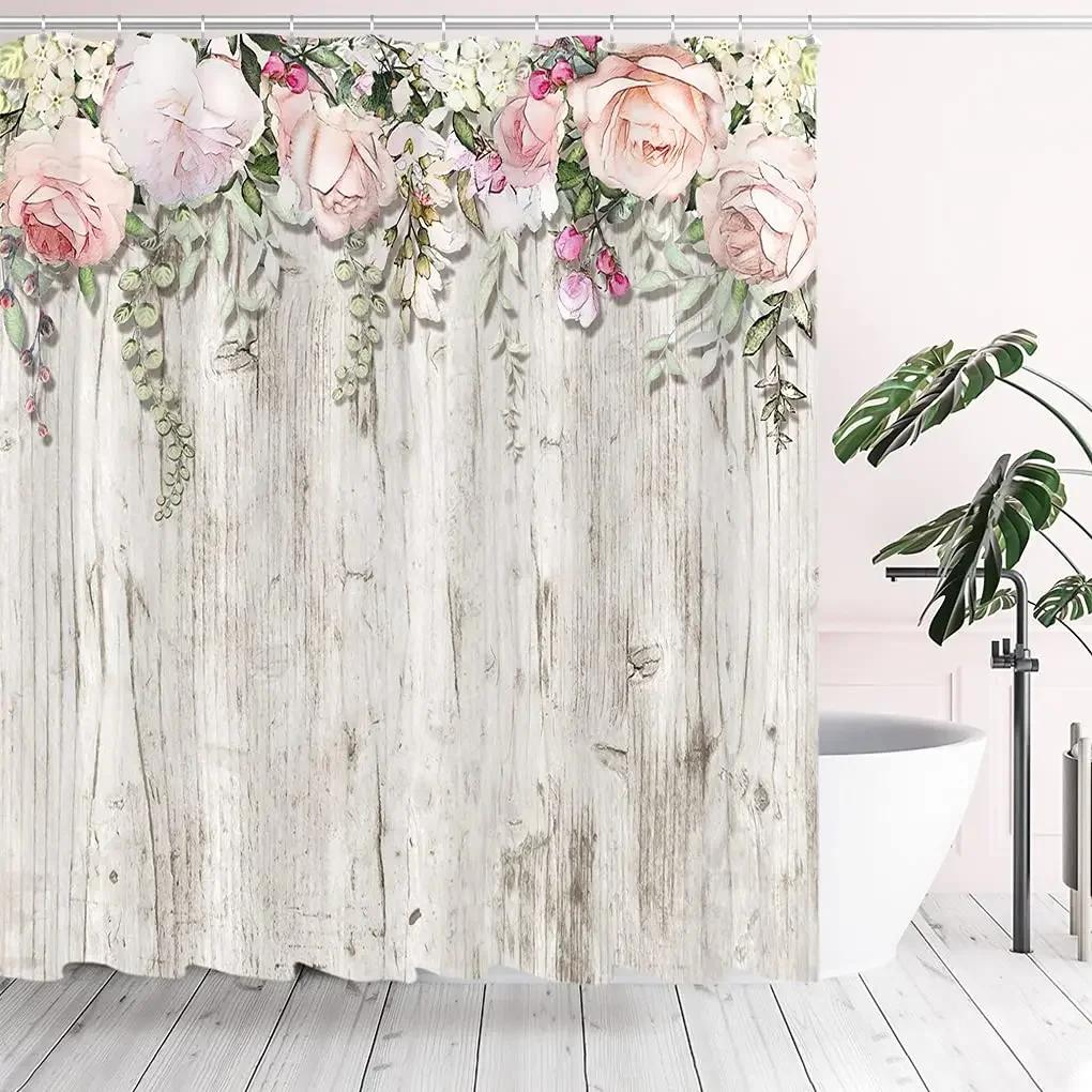 Floral Shower Curtains for Bathroom Pink Plant Flowers Watercolor Butterfly Wildflower Botanical Bathroom Curtain Set,Waterproof